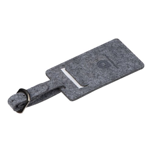 Étiquette de bagage en feutre gris avec boucle et fenêtre transparente.