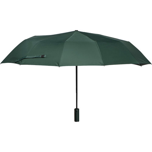 Parapluie de poche vert foncé avec housse et poignée.