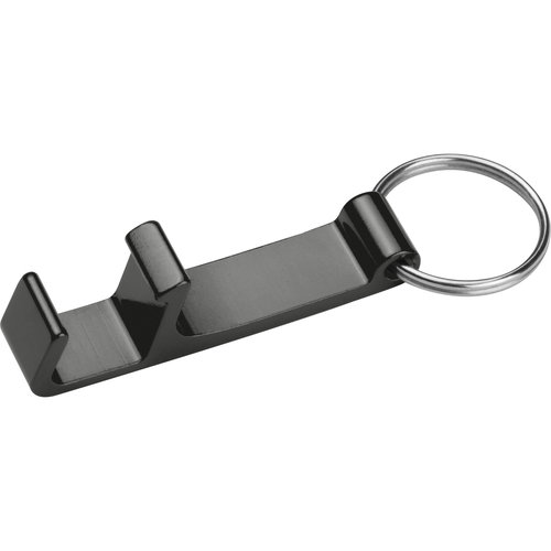 Porte-clés noir en métal avec ouvre-bouteille et anneau.