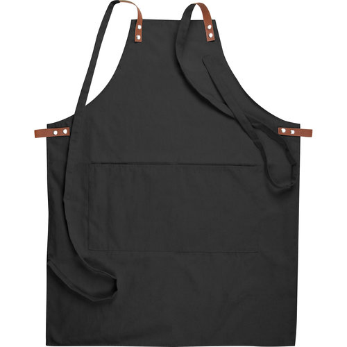 Tablier noir en tissu avec bretelles réglables et poche plaquée.