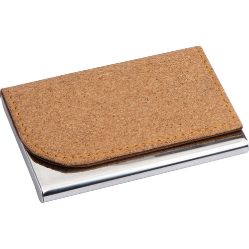 Étui à cartes de visite beige en liège et métal.