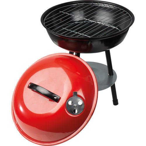 Grill  charbon rouge avec couvercle et support.