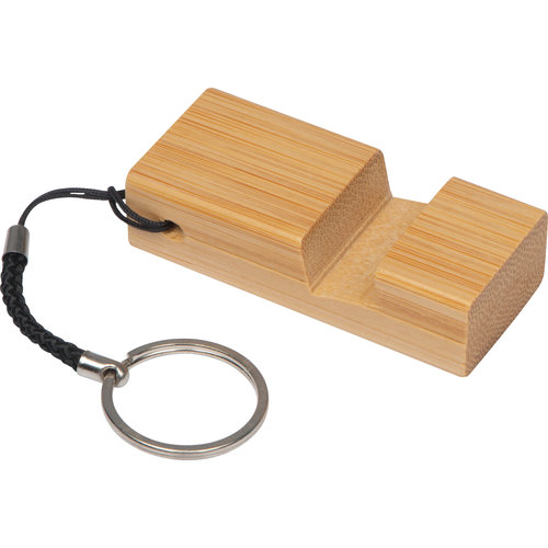 Porte-clés beige en bois avec anneau en métal.