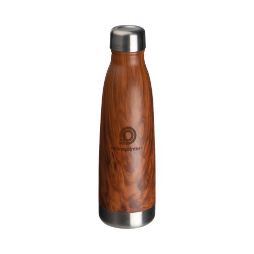 Bouteille isotherme en acier inoxydable couleur bois avec bouchon à vis.