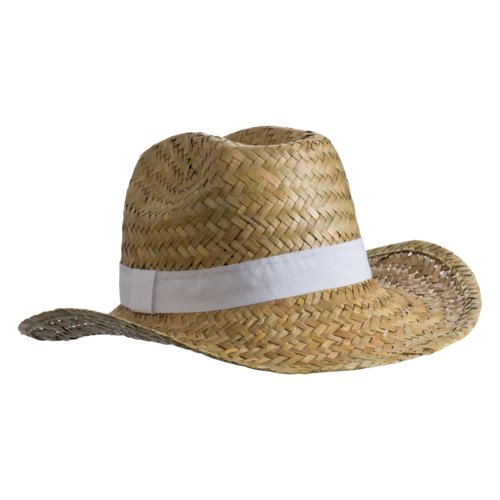 Chapeau de paille avec bord et bande dcorative.