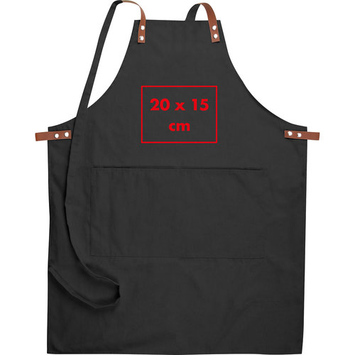 Tablier en tissu noir avec poche plaquée et tour de cou réglable.