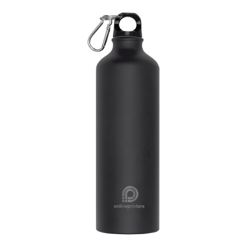 Bouteille d'eau noire en métal avec mousqueton.