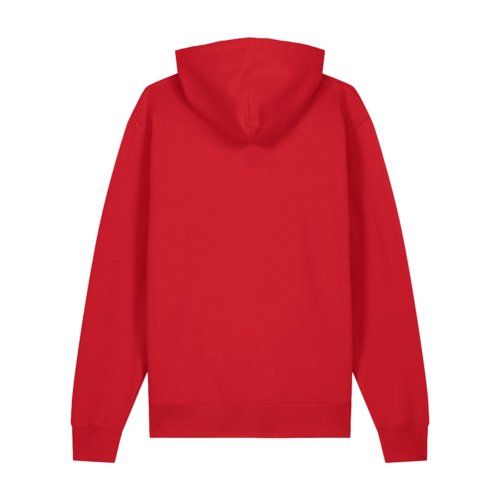 Sweat à capuche rouge en coton biologique, coupe unisexe.