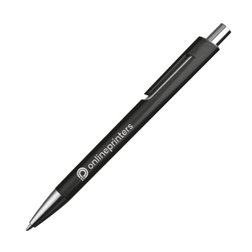 Stylo à bille en plastique noir avec clip et bouton poussoir.