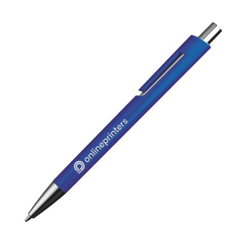 Stylo à bille bleu en plastique avec éléments métalliques et clip.