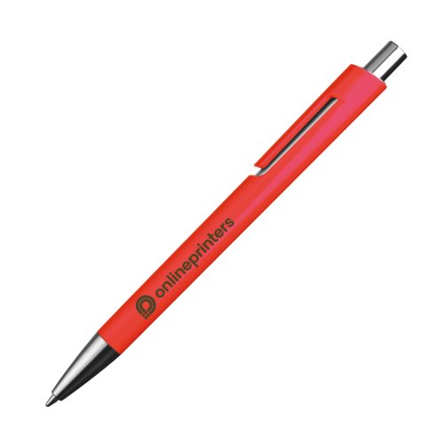 Stylo à bille rouge en plastique avec clip et bouton poussoir.