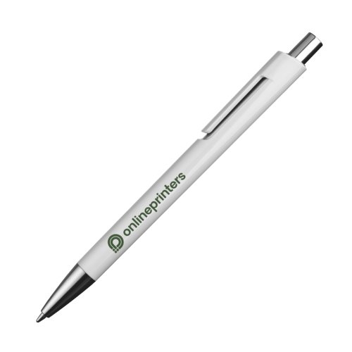 Stylo à bille en plastique blanc avec clip et bouton poussoir.