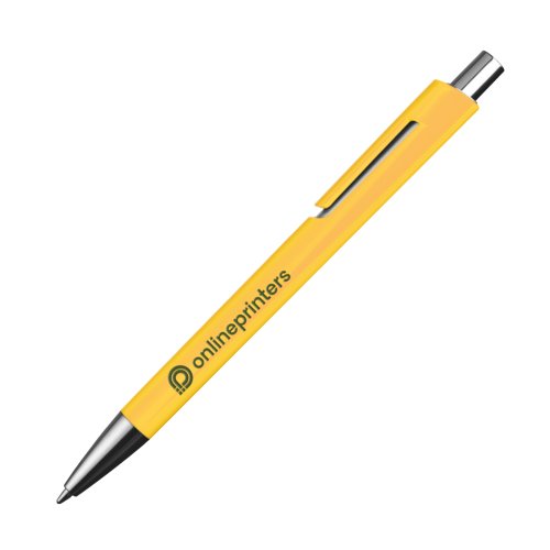 Stylo à bille jaune avec clip et mécanisme à pression.