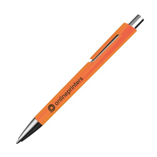 Stylo à bille orange avec clip et bouton poussoir.