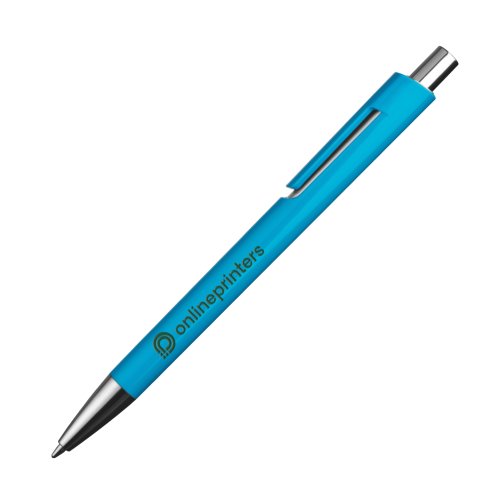 Stylo à bille en plastique bleu clair avec clip et bouton poussoir.