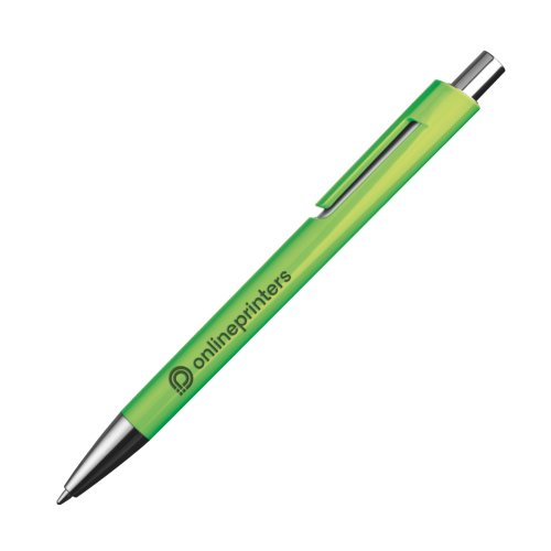 Stylo à bille vert pomme avec clip et mécanisme à pression.
