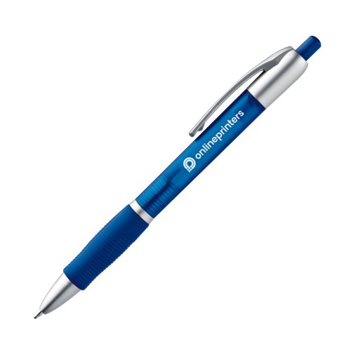 Stylo à bille bleu avec clip et mécanisme à poussoir.