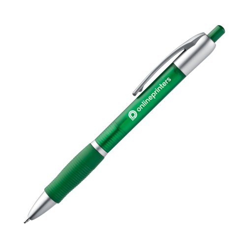 Stylo à bille vert en plastique avec clip et bouton-poussoir.
