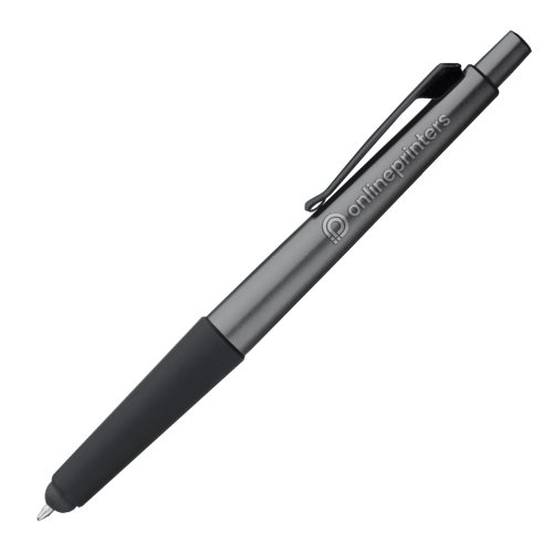 Stylo à bille en métal gris avec fonction tactile et clip.