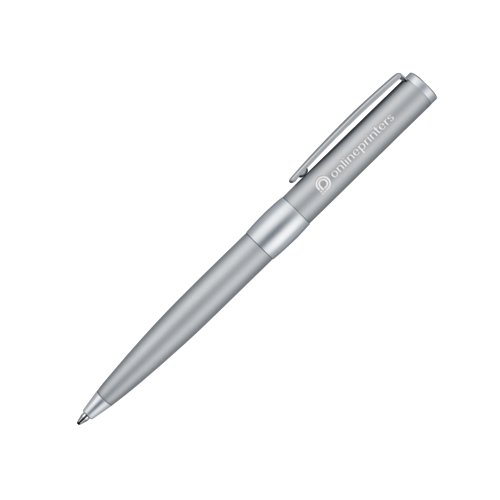 Stylo  bille en mtal argent avec clip et bouton poussoir.