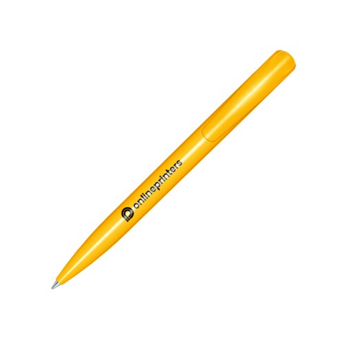 Stylo  bille jaune en plastique avec finition brillante et bouton poussoir.