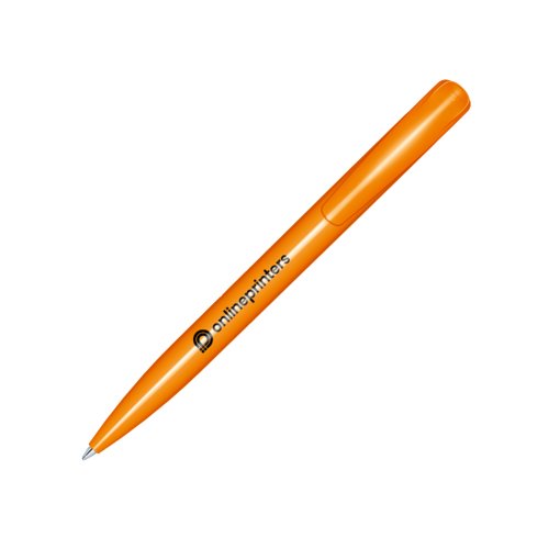 Stylo  bille orange en plastique avec finition brillante et clip.