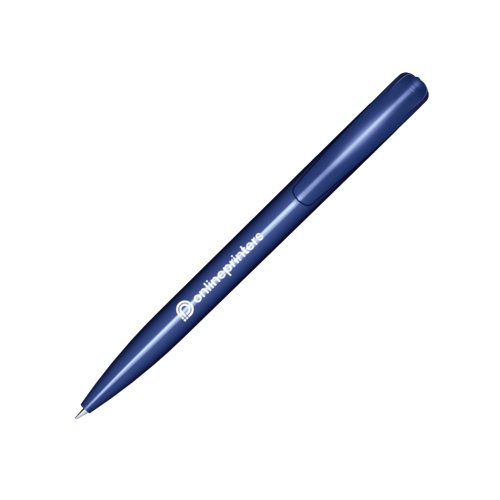Stylo  bille en plastique bleu fonc avec finition brillante et bouton poussoir.