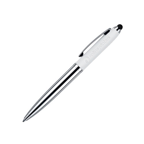 Stylo  bille rotatif blanc en plastique et mtal avec fonction touchpad et clip.