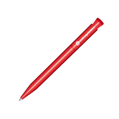 Stylo  bille en plastique rouge avec finition brillante et bouton poussoir.
