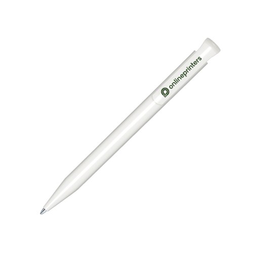 Stylo  bille blanc en plastique avec finition lisse et mcanisme  poussoir.