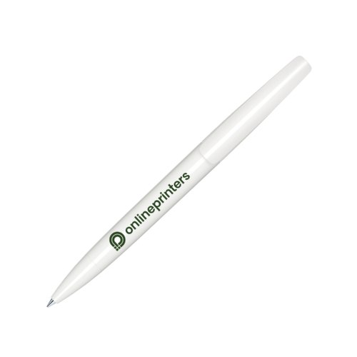 Stylo à bille en plastique blanc avec mécanisme rotatif.