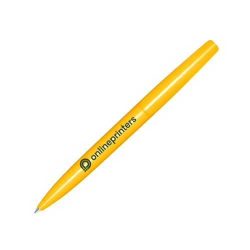 Stylo à bille rotatif en plastique jaune avec une finition brillante.