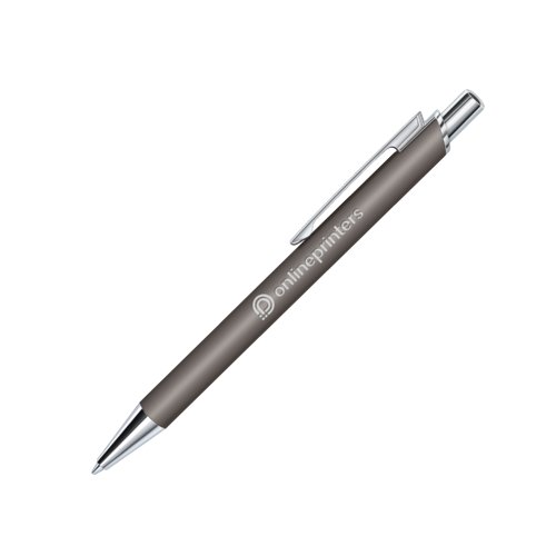 Stylo  bille gris en plastique avec surface douce au toucher et clip.