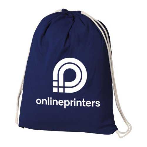 Sac de sport en coton bleu fonc avec cordon de serrage.