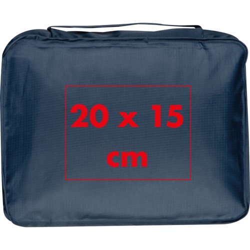Set de voyage bleu avec poignée de transport et plusieurs compartiments.