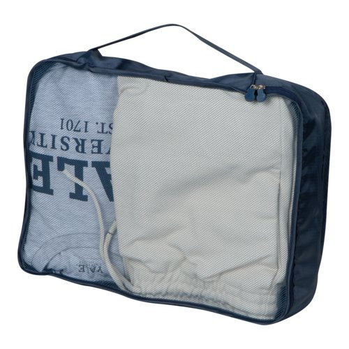 Ensemble de voyage en textile bleu foncé, 4 pièces, avec fermeture éclair et poignée.