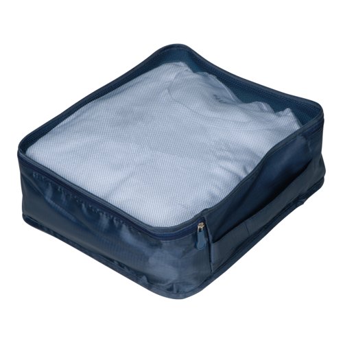 Set de voyage textile bleu foncé, 4 pièces avec fermeture éclair.