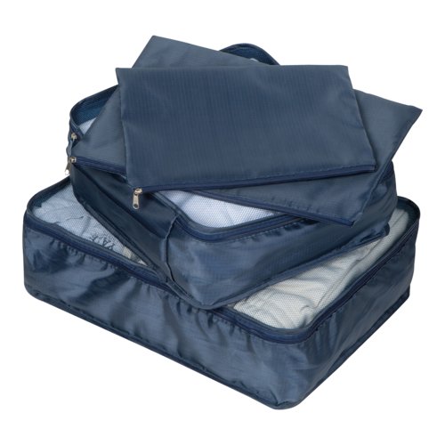 Ensemble de voyage textile bleu foncé, 4 pièces, avec fermetures éclair.