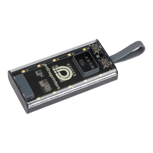 Batterie externe noire en plastique avec capacité de charge de 10 000 mAh et dragonne.
