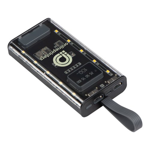 Batterie externe transparente avec ports USB et dragonne.