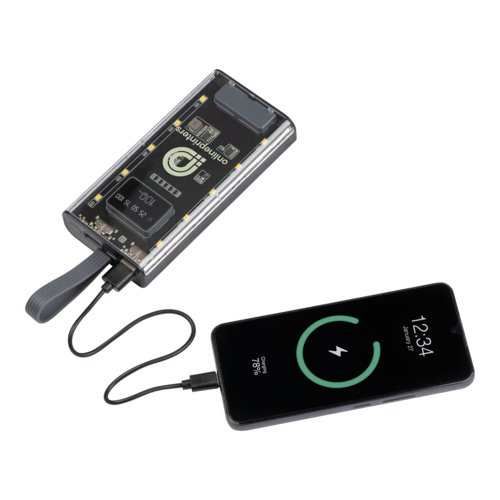 Batterie externe transparente avec port USB et indicateur de charge.