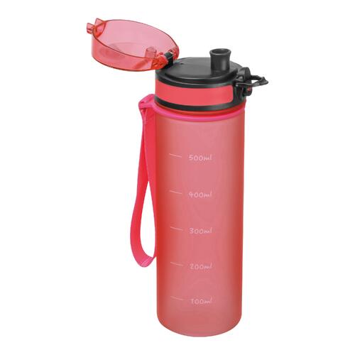 Bouteille rose en tritan avec dragonne et fermeture.