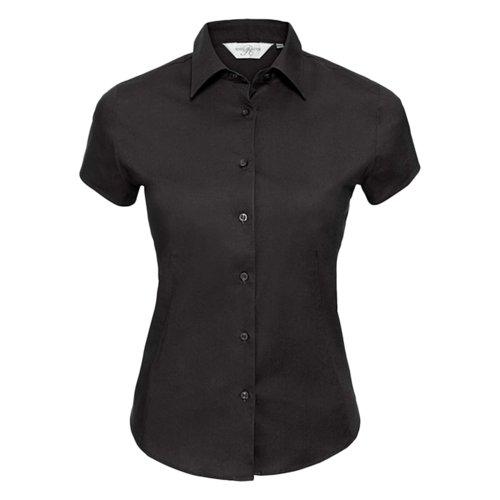 Chemisier noir  manches courtes en tissu avec col et patte de boutonnage.