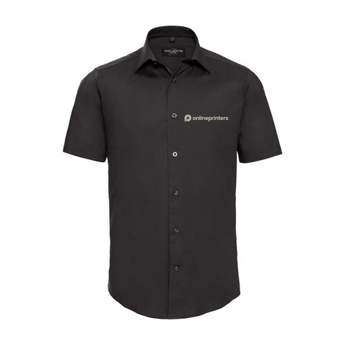 Chemise noire  manches courtes en tissu avec col et patte de boutonnage.