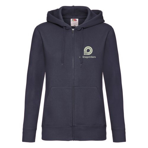 Veste  capuche bleu fonc pour femmes avec fermeture clair complte.