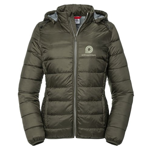 Veste matelasse verte pour femme avec capuche et fermeture clair intgrale.
