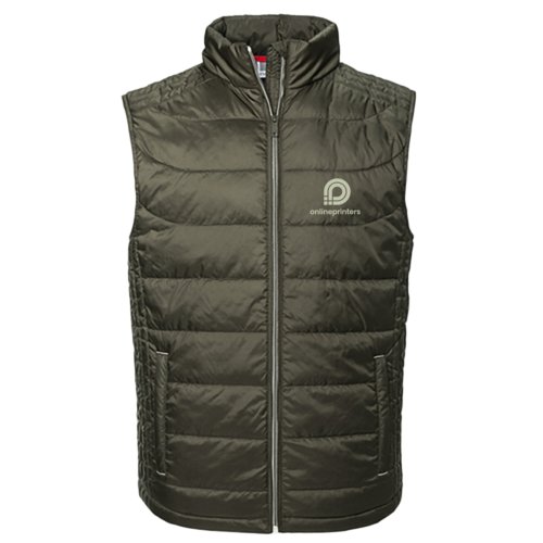 Veste sans manches matelasse olive en tissu lger avec fermeture clair intgrale pour hommes.