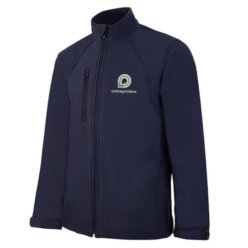 Veste softshell bleue pour homme avec fermeture clair et poches latrales.