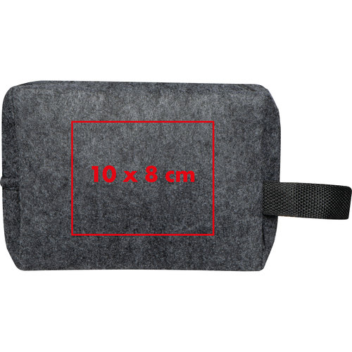 Trousse de toilette grise en feutre avec fermeture éclair et boucle de transport.
