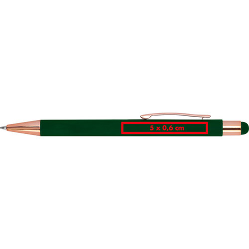 Stylo à bille vert avec stylet tactile et clip.